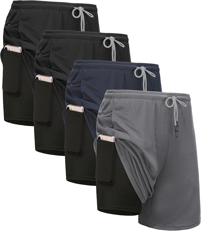 4 Pack Mens 2 in 1 Running Workout Shorts